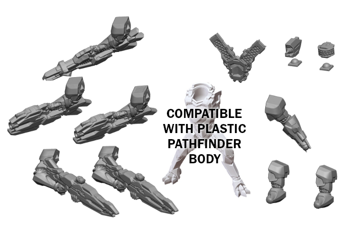File includes pre-supported and unsupported parts, with two additional weapon options with and without vent systems, a no-vent version of the arms that come with the Pathfinder kit, and optional gear.