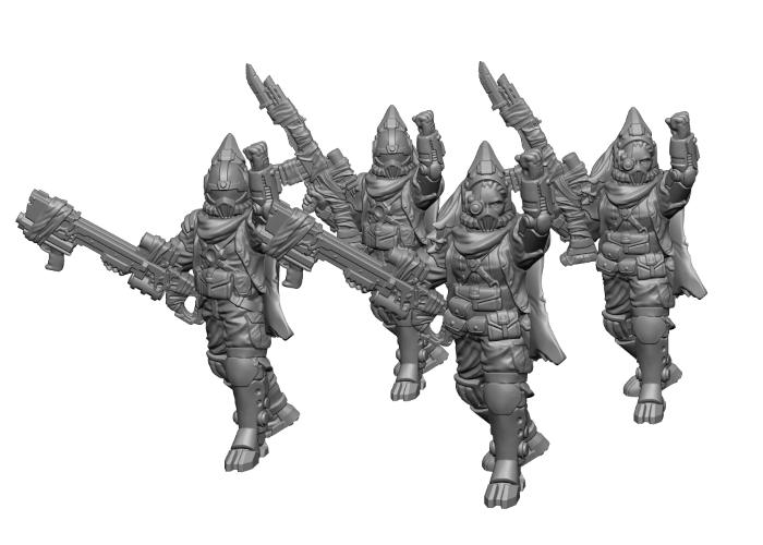 File includes pre-supported and unsupported models of both a male and female version of the chieftain, with two customized weapon variants for each: a beam blastgun or a slug rifle.