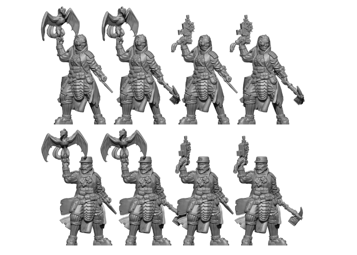 File includes pre-supported and unsupported models, with options for a poisoned blade or trophy melee weapon in the left hand and a slug pistol or xenos spotter for the right hand.