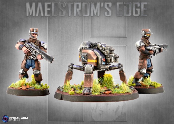 A Contractor Defender unit accompanied by a gun drone, painted by Todd McNeal.