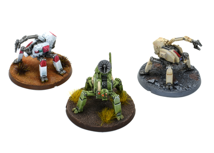 3D printed examples of the three drone types, painted to a quick tabletop standard.