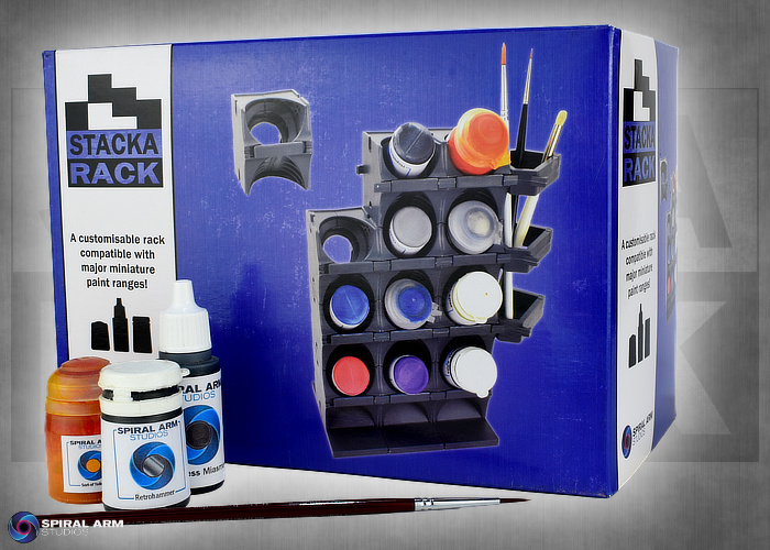 StackaRack holds dropper bottles and pots from most of the common miniature paint brands.