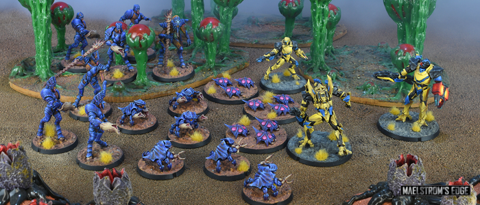 Artarian Remnant Battlesuits facing off against Kaigus Pact forces.